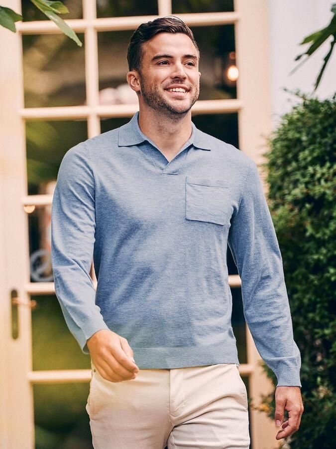 Suitable Longsleeve Knitted Poloshirt Riva Pocket Lichtblauw - Foto 3