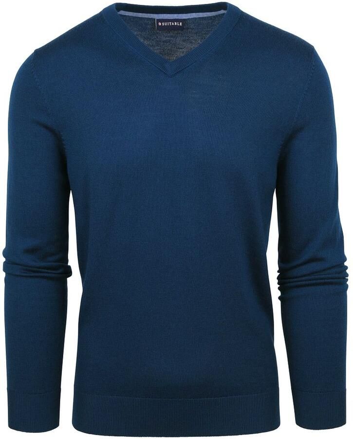 Suitable Merino Pullover V-Hals Indigo Blauw
