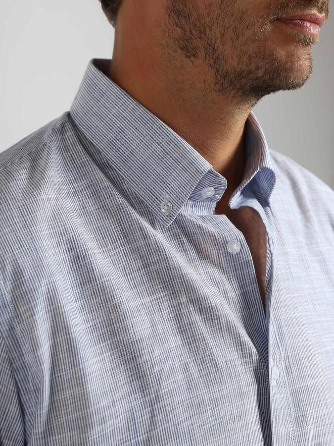 Suitable Overhemd Cotton Slub Streep Blauw - Foto 2