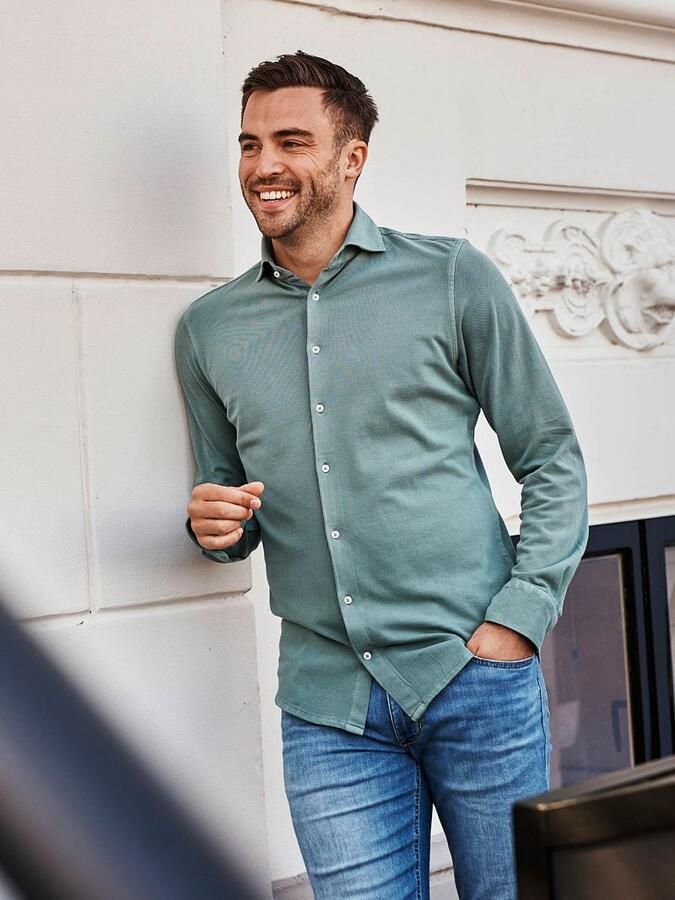 Suitable Overhemd Lange Mouw Piqué Overhemd Groen - Foto 2