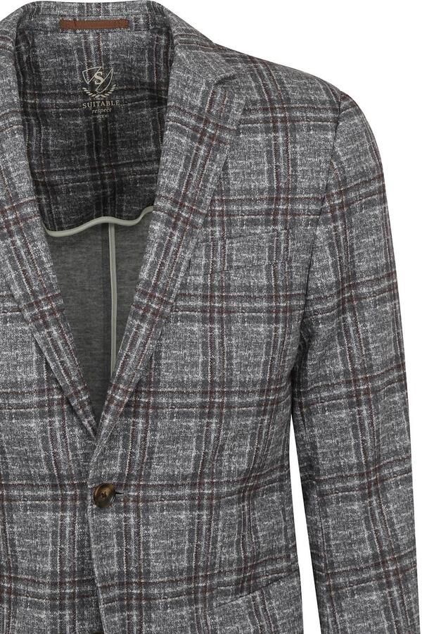 Suitable Blazer Respect Colbert Fame Jersey Ruit Flex Grijs