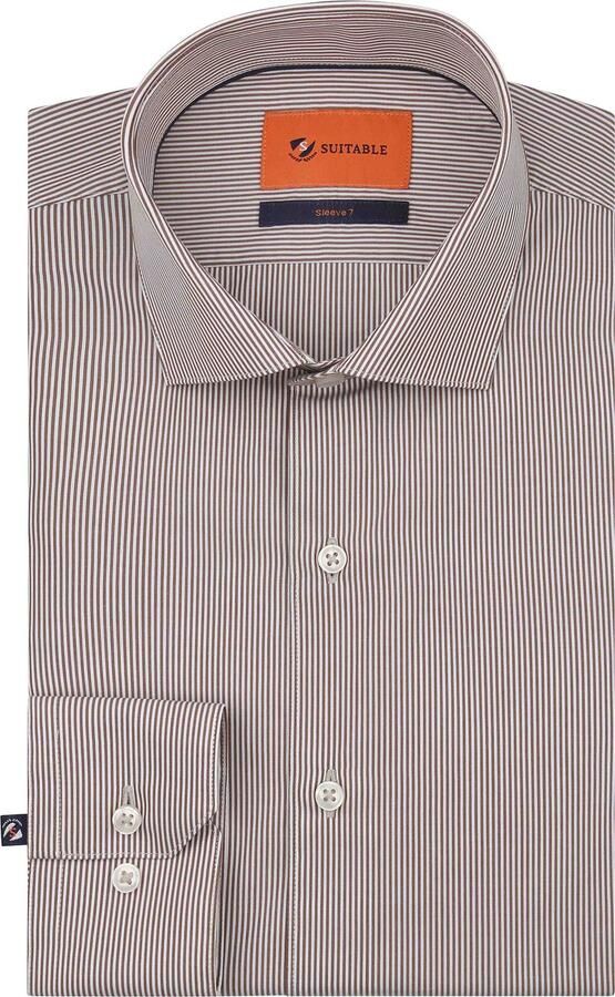 Suitable Twill Overhemd Extra Lange Mouw Streep Bruin
