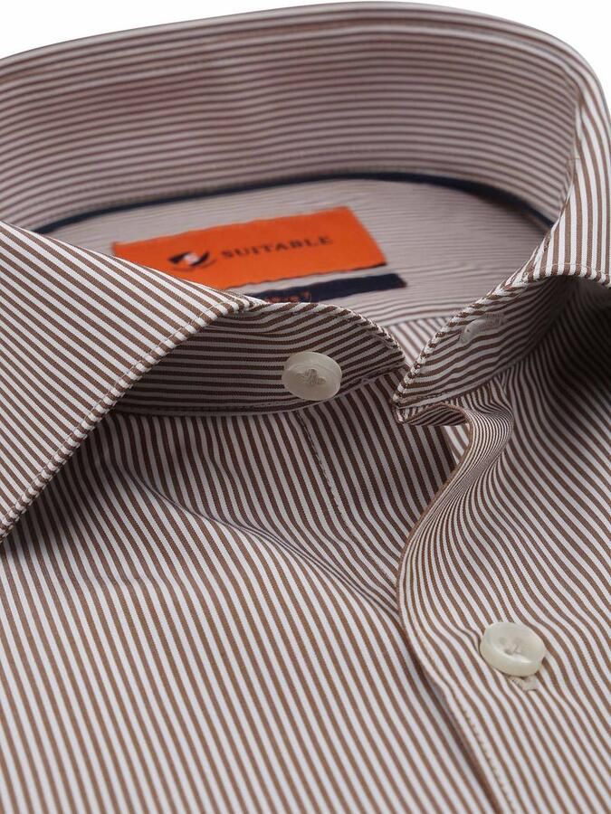 Suitable Twill Overhemd Extra Lange Mouw Streep Bruin - Foto 2