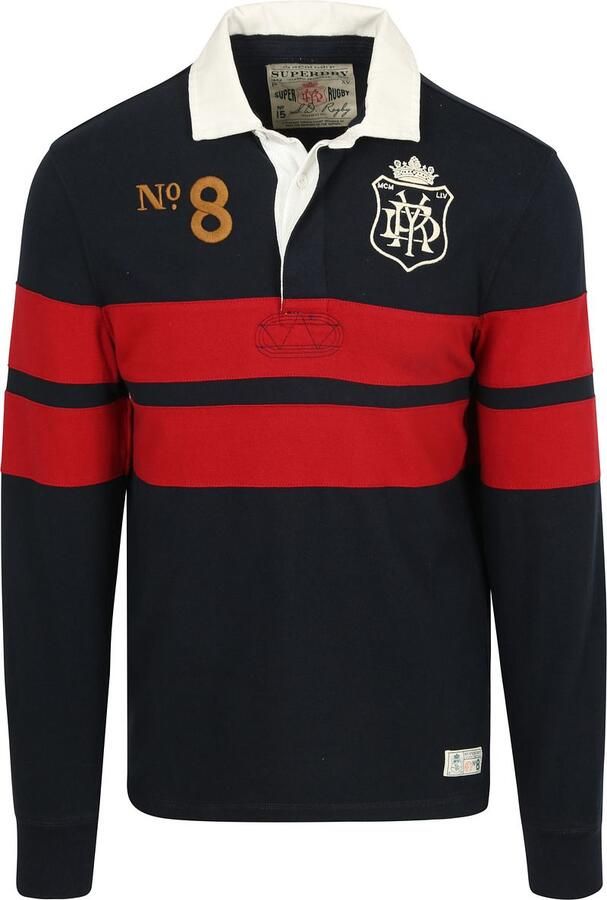 Superdry Polo Shirt Lange Mouw Rugby Polo Vintage Streep Navy Rood