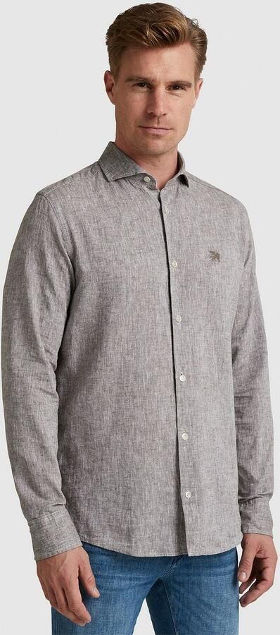 VANGUARD Heren Overhemden Long Sleeve Shirt Linen Cotton Blend 2 Tone Bruin - Foto 5