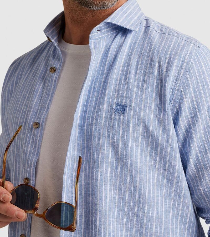 VANGUARD Heren Overhemden Long Sleeve Shirt Linen Cotton Blend Stripe Lichtblauw - Foto 2