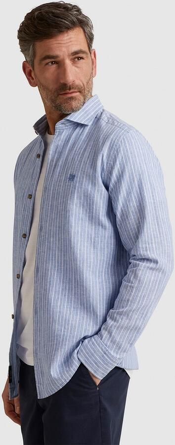 VANGUARD Heren Overhemden Long Sleeve Shirt Linen Cotton Blend Stripe Lichtblauw - Foto 5