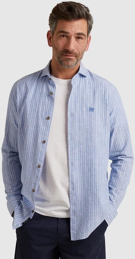 VANGUARD Heren Overhemden Long Sleeve Shirt Linen Cotton Blend Stripe Lichtblauw - Foto 4