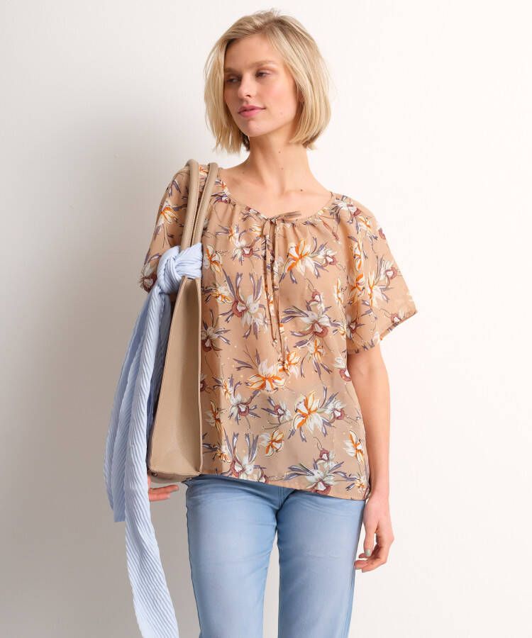 TerStal Dames chiffon blouse bloemendessin bruin in maat