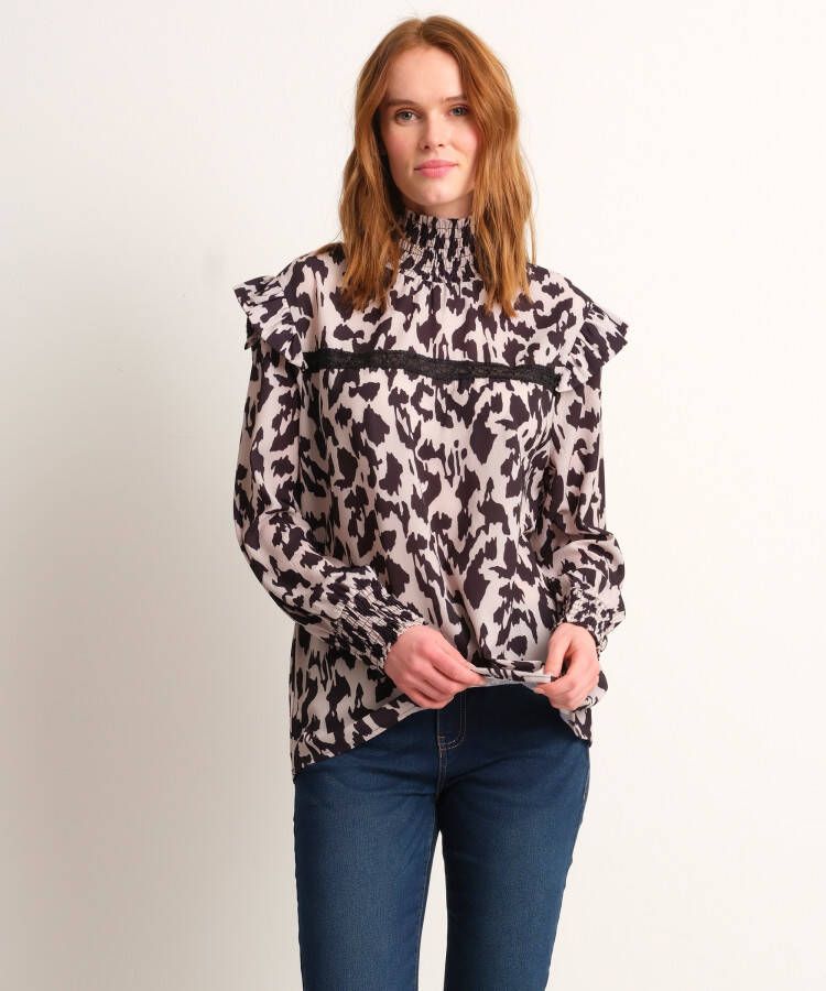 TerStal Dames gesmockte blouse met kant zwart in maat