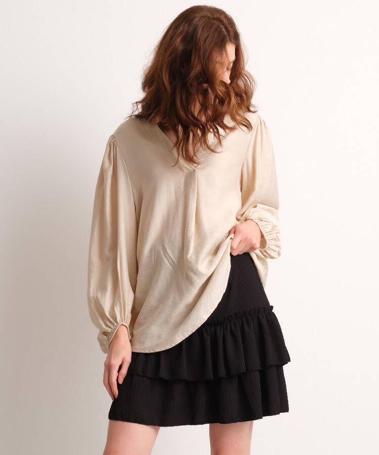 TerStal Dames uni top met v-hals en plooi beige in maat