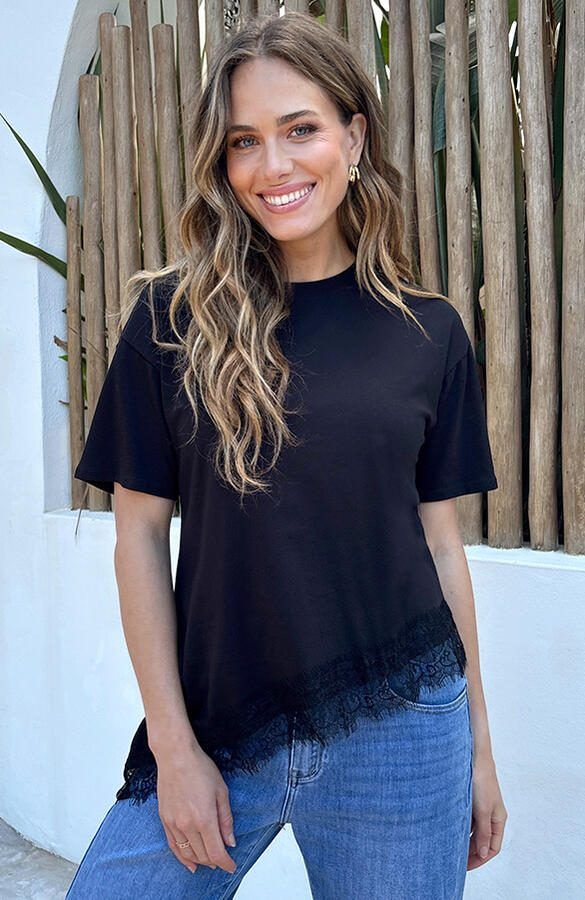 Asymmetrisch Lace T-Shirt Zwart