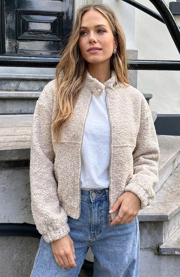 Boucle Bomber Coat Met Rits Beige