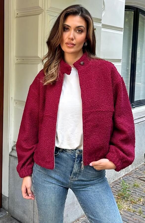 Boucle Bomber Coat Met Rits Burgundy