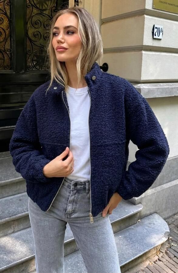 Boucle Bomber Coat Met Rits Marine