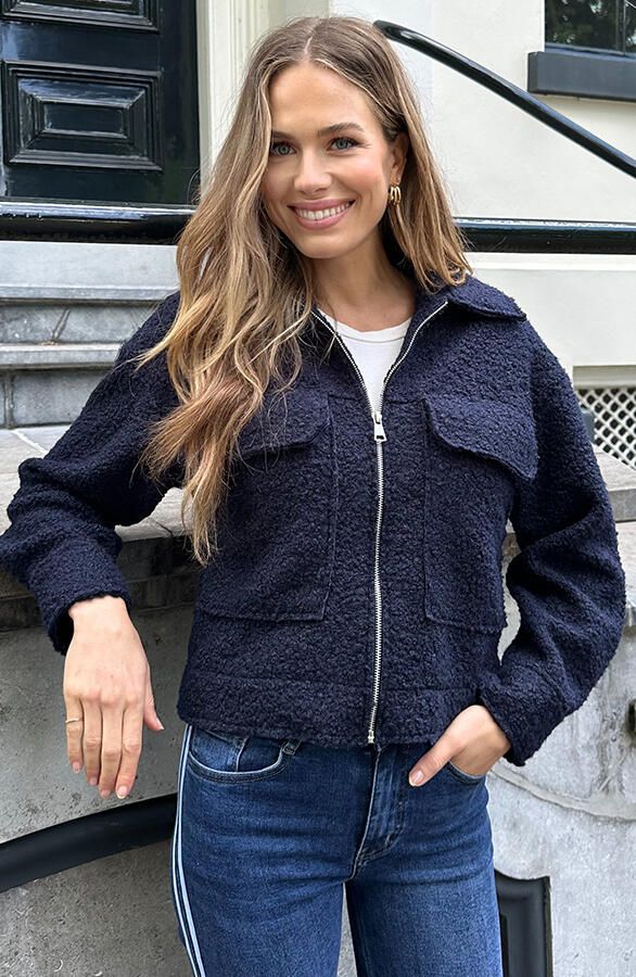 Boucle Jacket Met Rits Marine