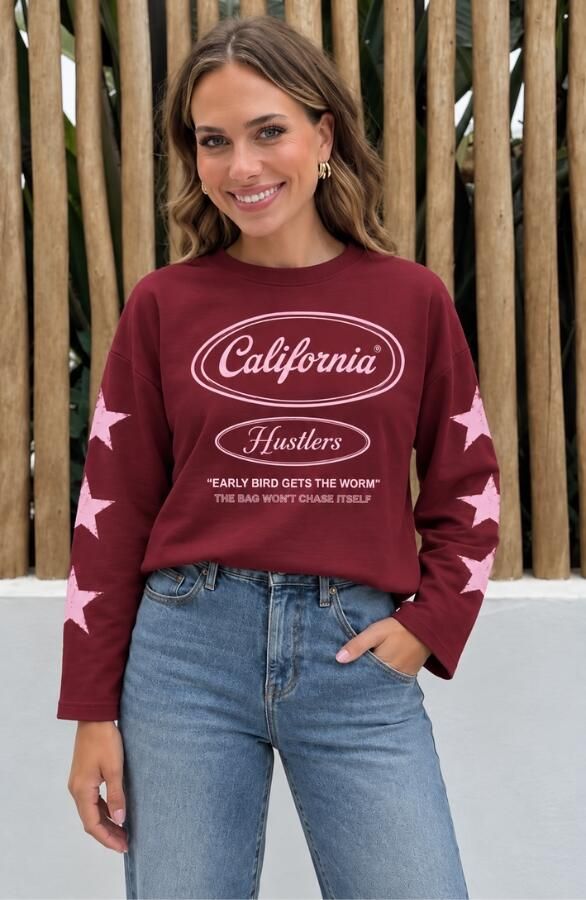 California Print Longsleeve Burgundy Pink Katoen