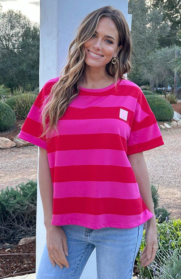 Casual Gestreept Shirt Dames Katoen Rood Roze