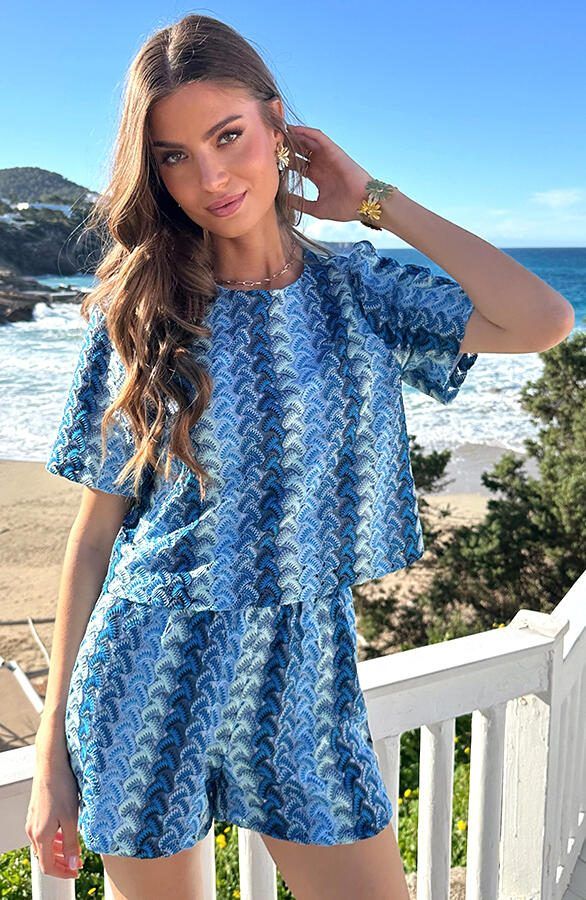 Cotton Crochet Look Top Kobalt