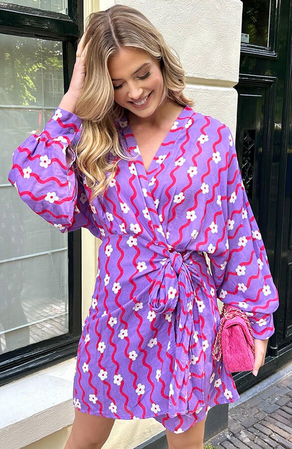 Cotton Wrap Jurk Flower Print Paars