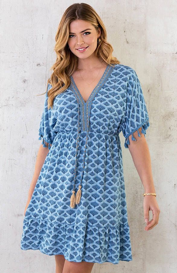 Oversized Jurk Gouden Detail Print Jeansblauw