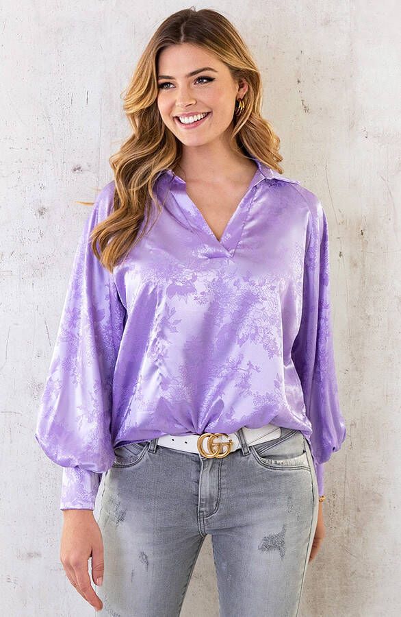 Satijnen V-Hals Blouse Flower Lila