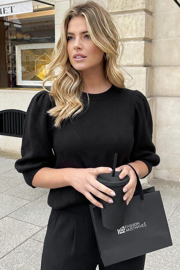 Hartjes Knitted Pofmouwen Top Zwart