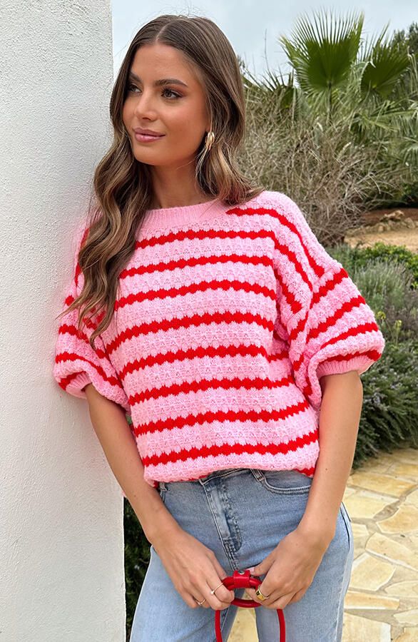 Knitted Striped Short Sleeve Top Roze