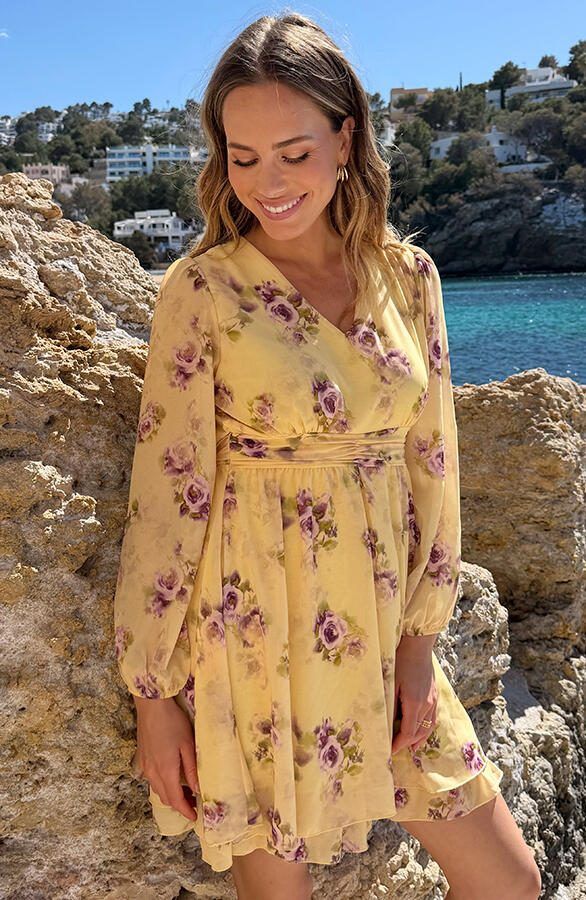 Long Sleeve V-neck Dress Flower Yellow