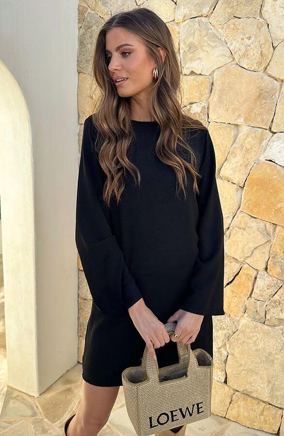 Longsleeve Jurk Open Rug Zwart