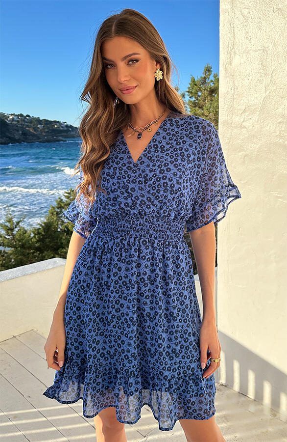 Luxe V-hals Jurk Hart Print Blauw