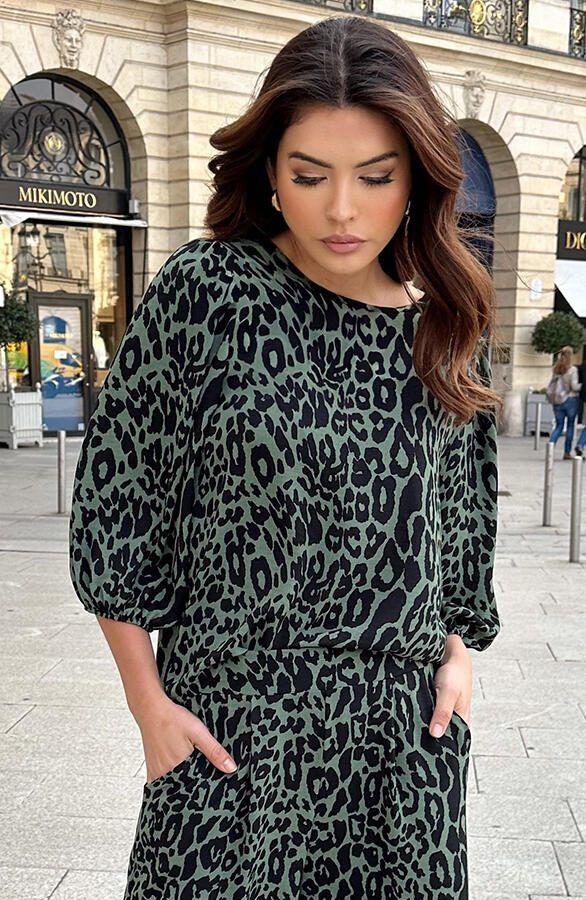 Mila Puff Sleeve Top Leopard Army