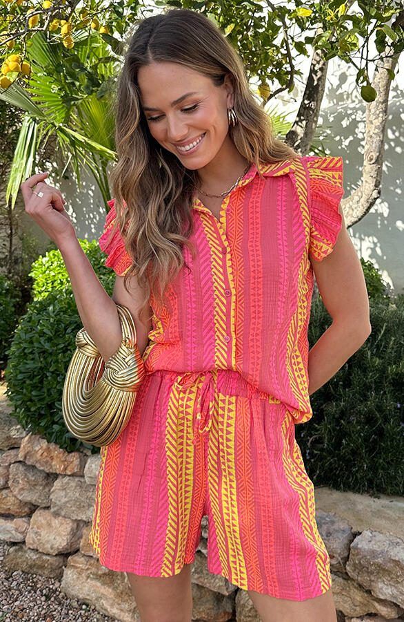 Mousseline Kelim Print Ruffle Top Neon