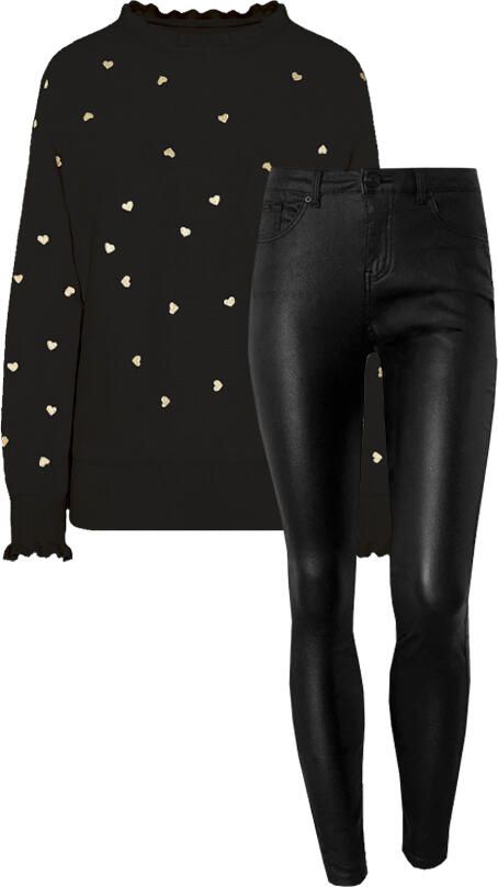 Musthave Deal Hartjes Ruffle Trui + Coating Jeans Zwart