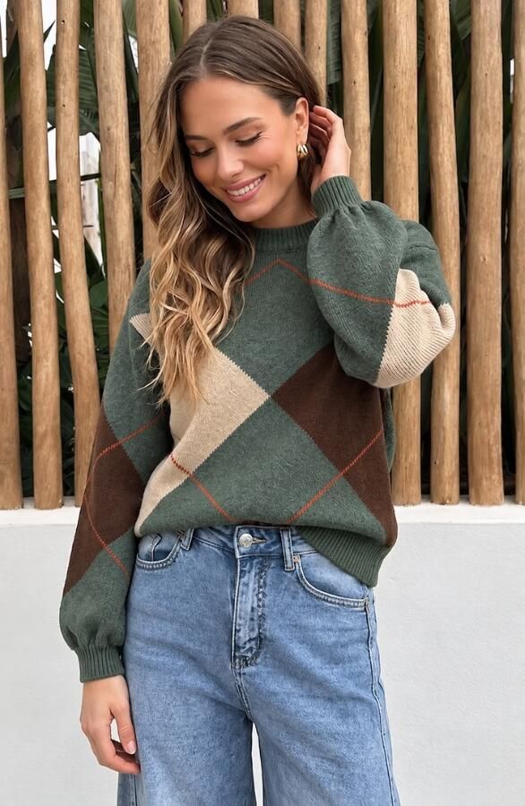Oversized Checked Knit Sweater Army