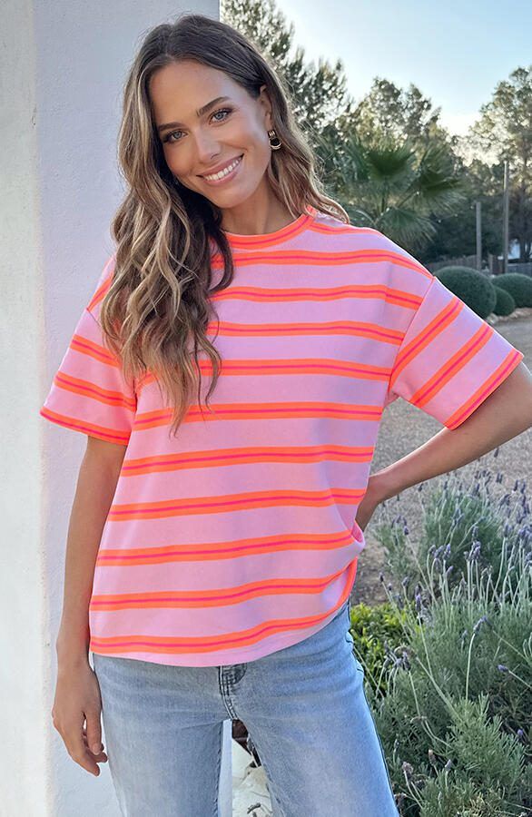 Oversized Katoenen Strepen Top Tricolore Roze Oranje