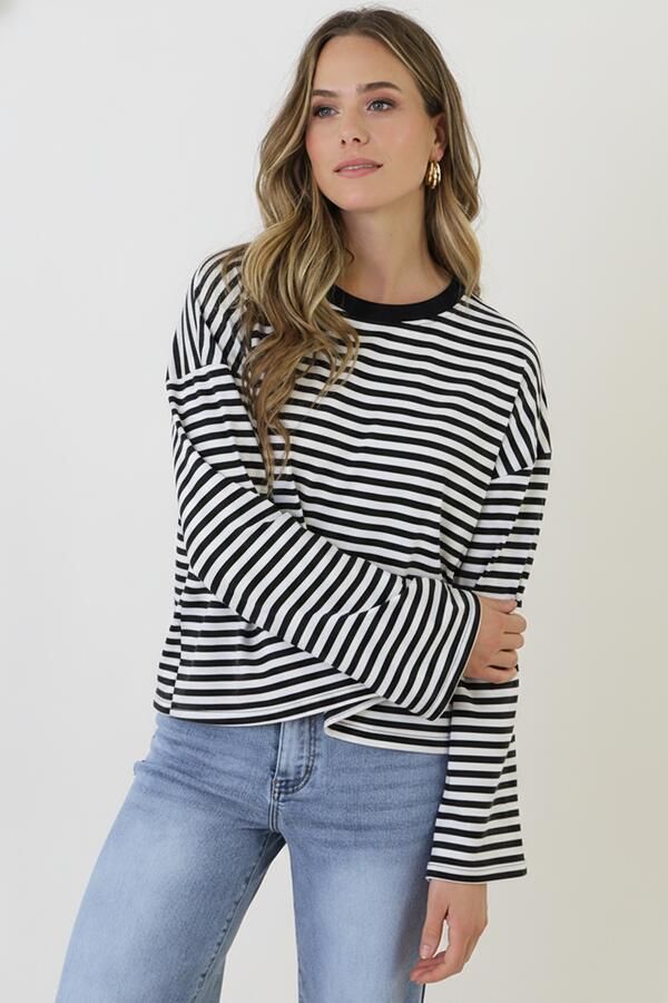 Oversized Strepen Top Katoen Black Off White