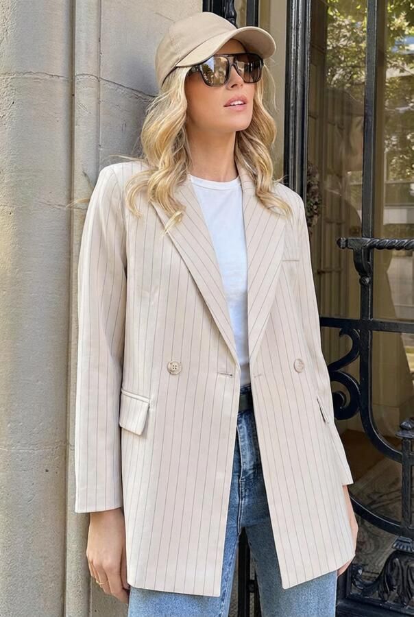 Oversized Striped Print Blazer Beige