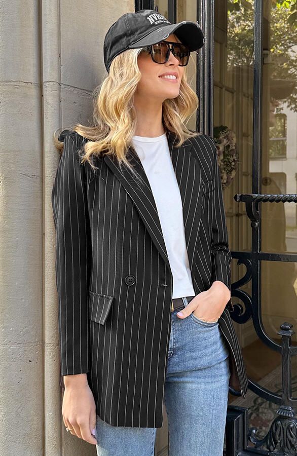 Oversized Striped Print Blazer Zwart