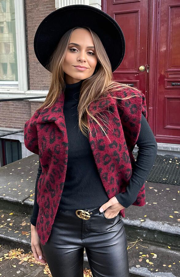Oversized Woven Gilet Leopard Bordeaux