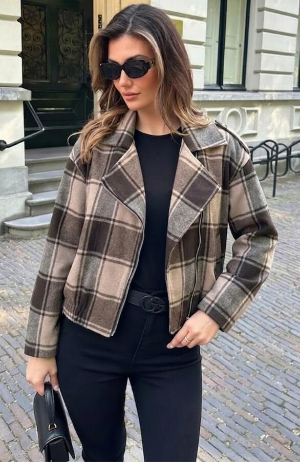 Plaid Zip Jacket Brown Beige
