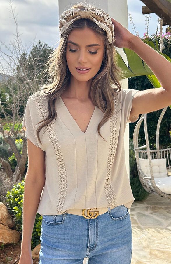 Romantic V-Hals Top Beige