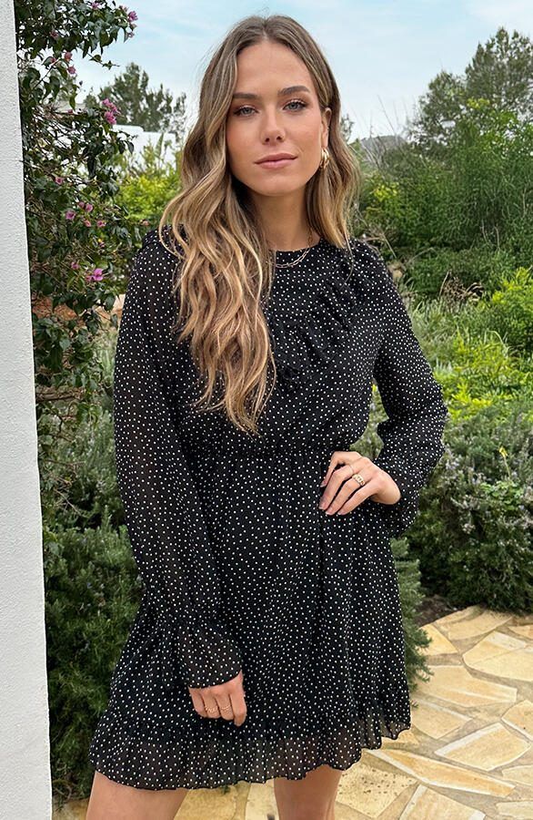 Ruffle Polkadot Print Jurk Zwart