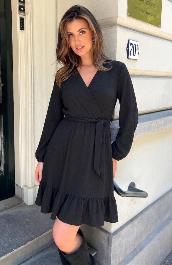 Smocked Jurk V-Hals Zwart