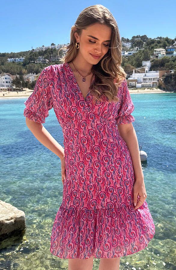 Smocked V-hals Jurk Print Roze