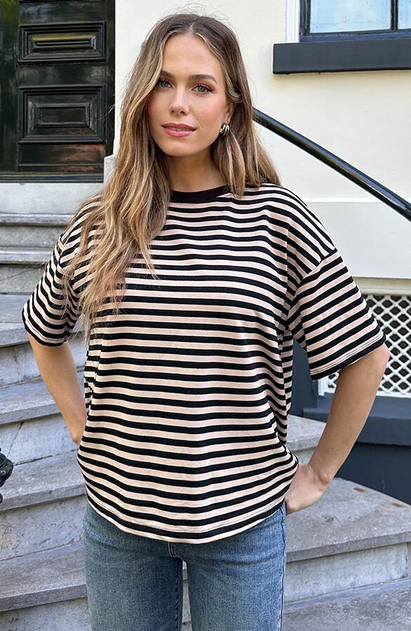 Strepen T-Shirt Katoen Beige Zwart
