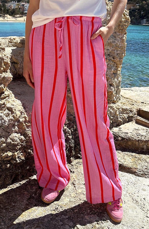 Stripe Pants Mousseline Red Pink