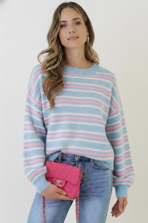 Striped Long Sleeve Knit Tricolore Baby Blue