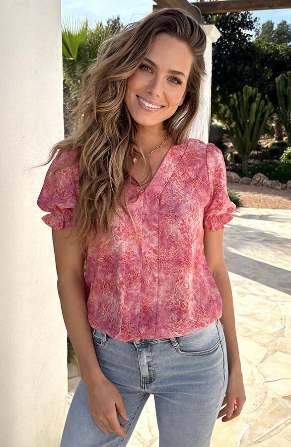 V-hals Pofmouw Top Print Roze