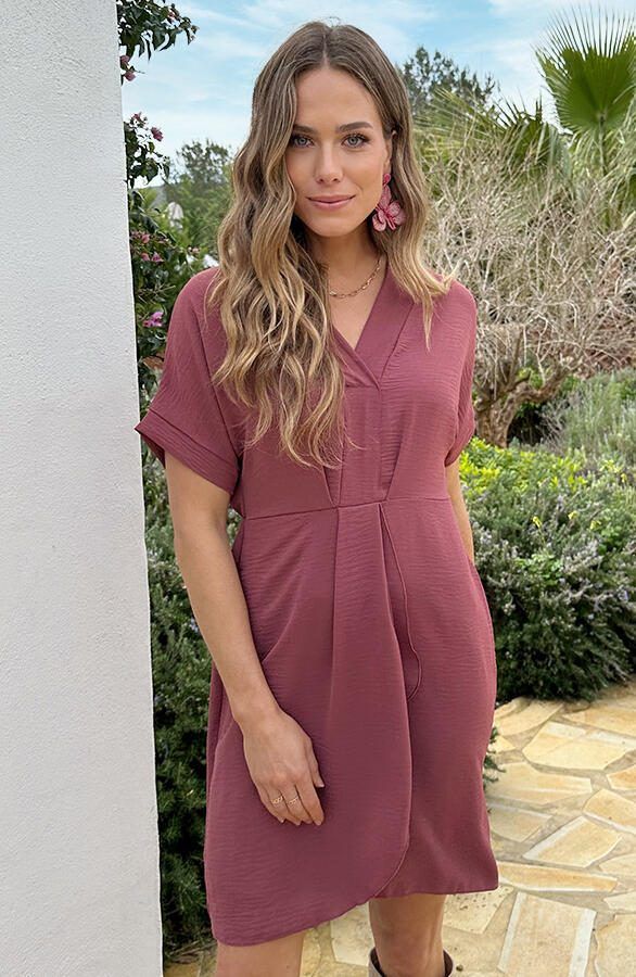 V-hals Short Sleeve Jurk Dust Roze
